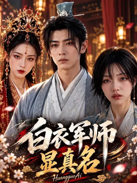 短剧《白衣军师显真名》封面，古装三人立于灯影之中