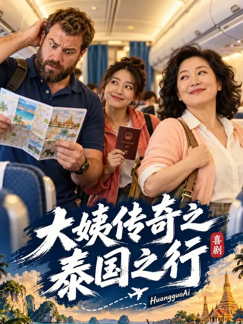 短剧《大姨传奇之泰国之行》封面，旅途中的一家人