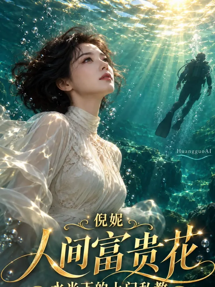 短剧《人间富贵花》封面，水下白裙女子与潜水员
