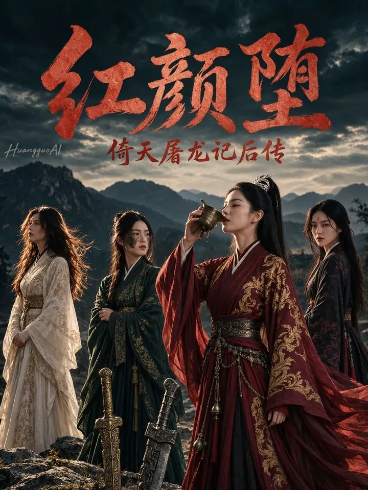 短剧《红颜坠》封面，古装四位女子立于山巅