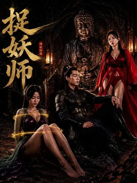 短剧《捉妖师》封面，暗色林间的古装人物
